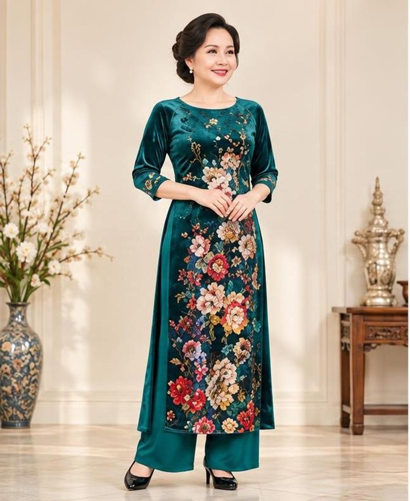 Set áo dài cách tân màu xanh ngọc