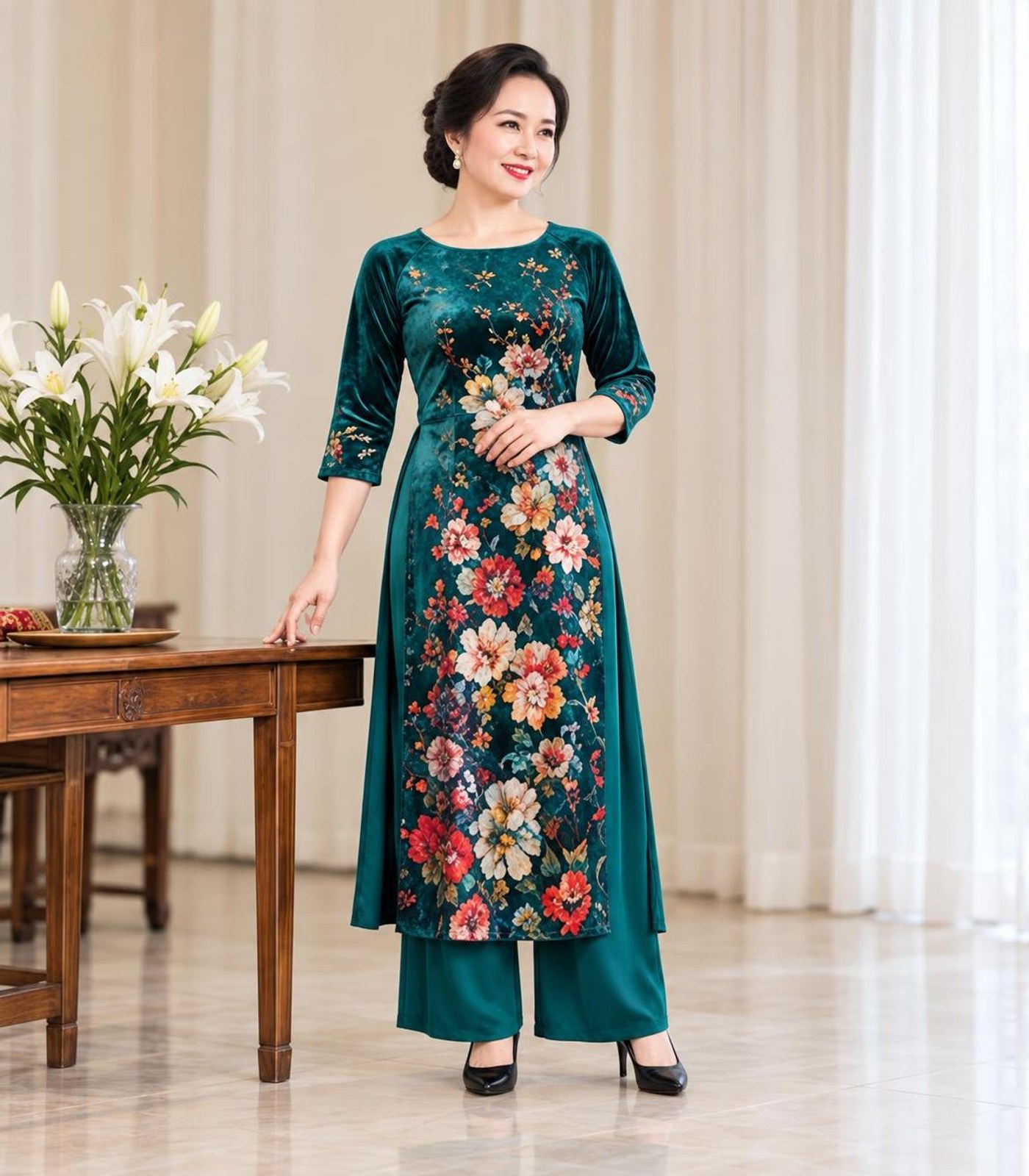 Set áo dài cách tân màu xanh ngọc