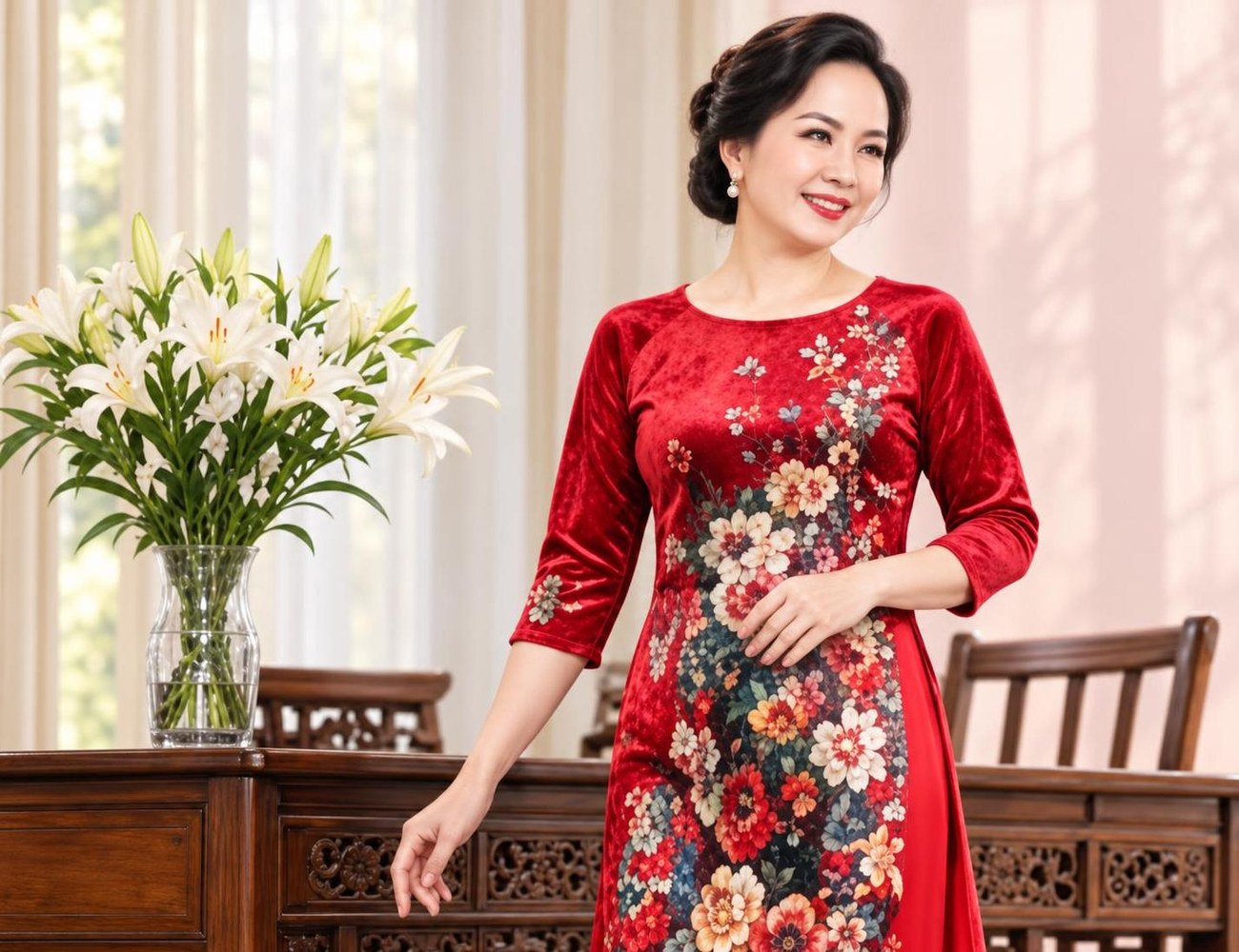Set áo dài cách tân màu đỏ