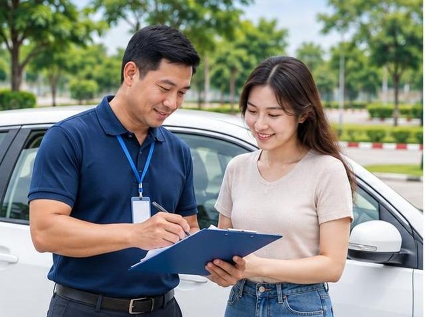 Giáo viên trao đổi cùng học viên bên xe tập lái
