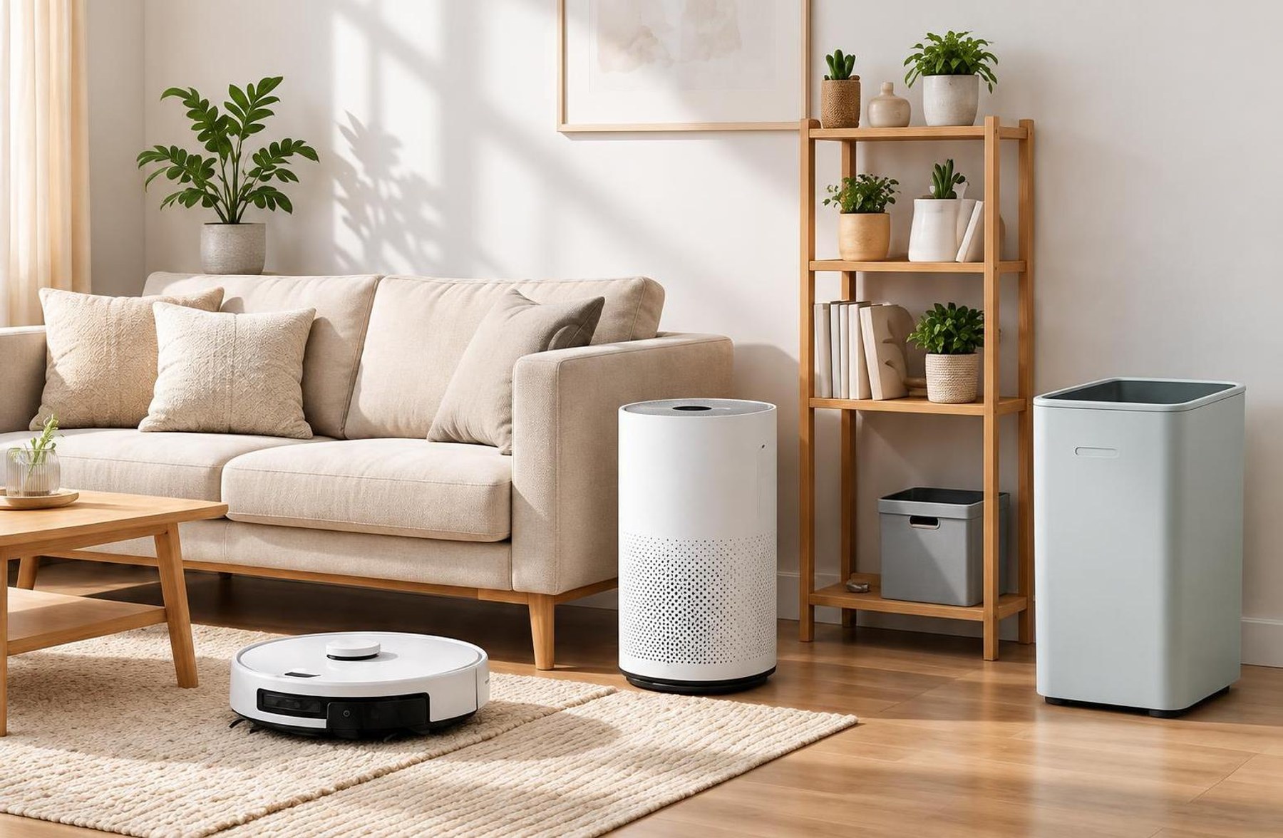 Phòng khách với robot hút bụi, máy lọc không khí, kệ và thùng rác thông minh