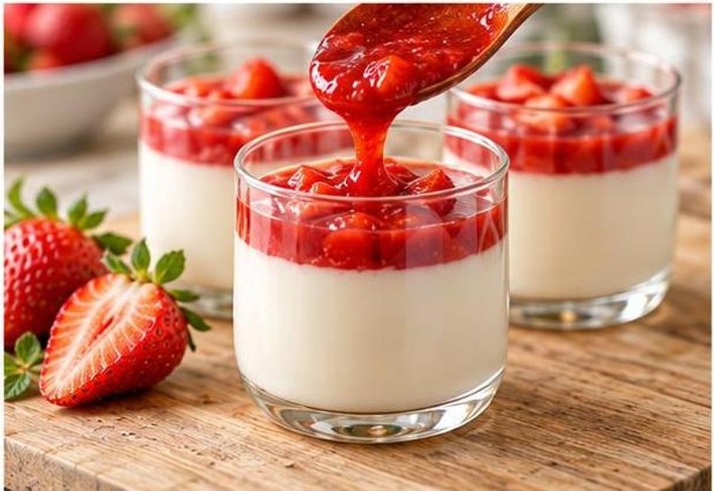 Rót sốt dâu lên panna cotta