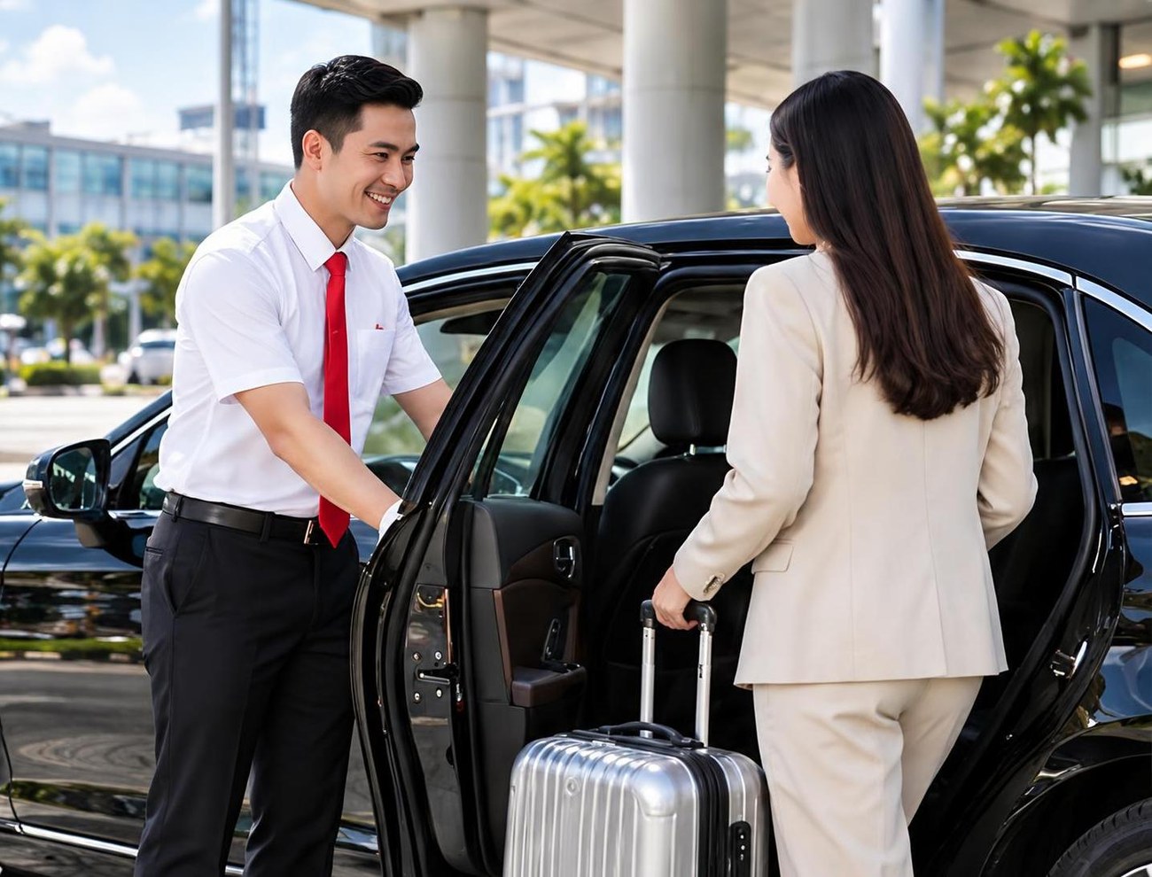 Tài xế Tín Việt mở cửa xe đón khách