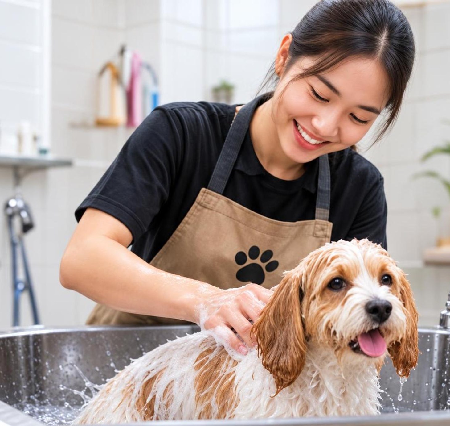 Nhân viên spa tắm cho chó