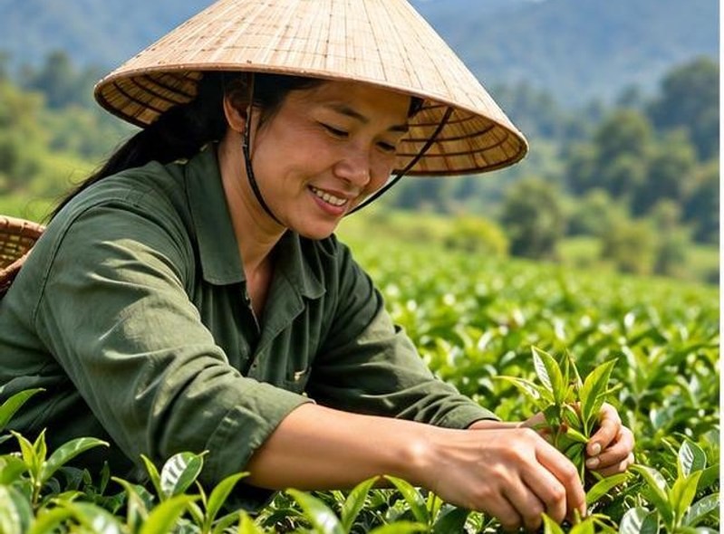 Người hái chè trên nương
