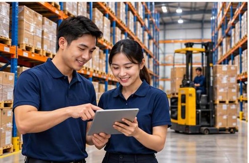 Nhân viên kho trao đổi với khách hàng