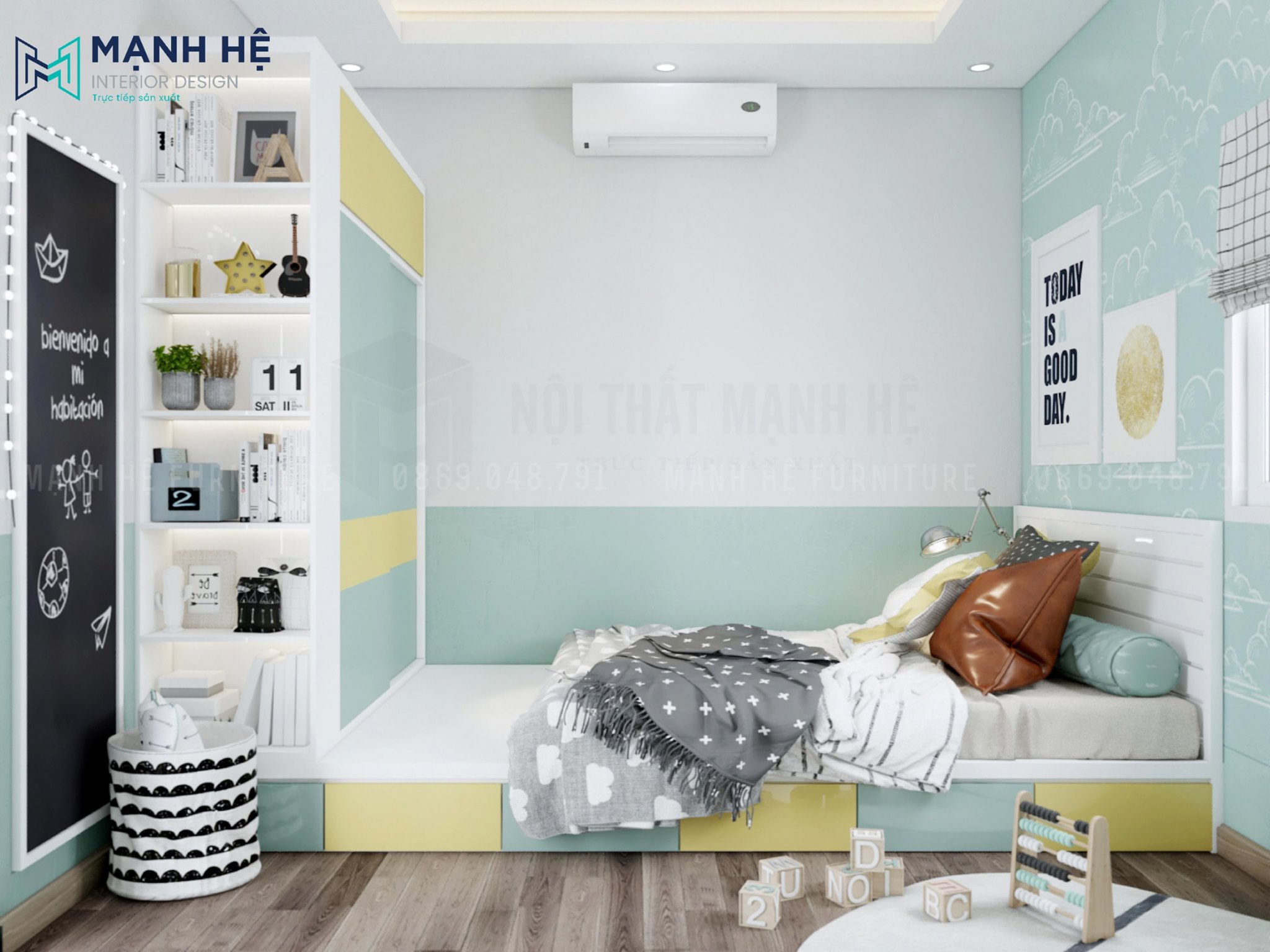 Nội thất phòng bé màu xanh mint Pastel