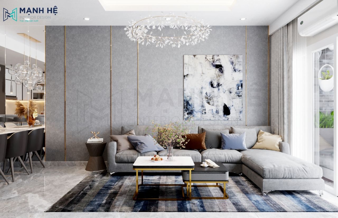 phòng khách chung cư với ghế sofa chữ I