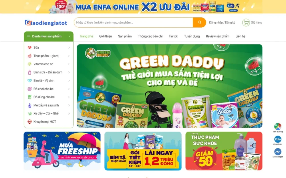 Mẫu Website Chuỗi Siêu Thị Mẹ & Bé Menu Dọc – MEVABE3