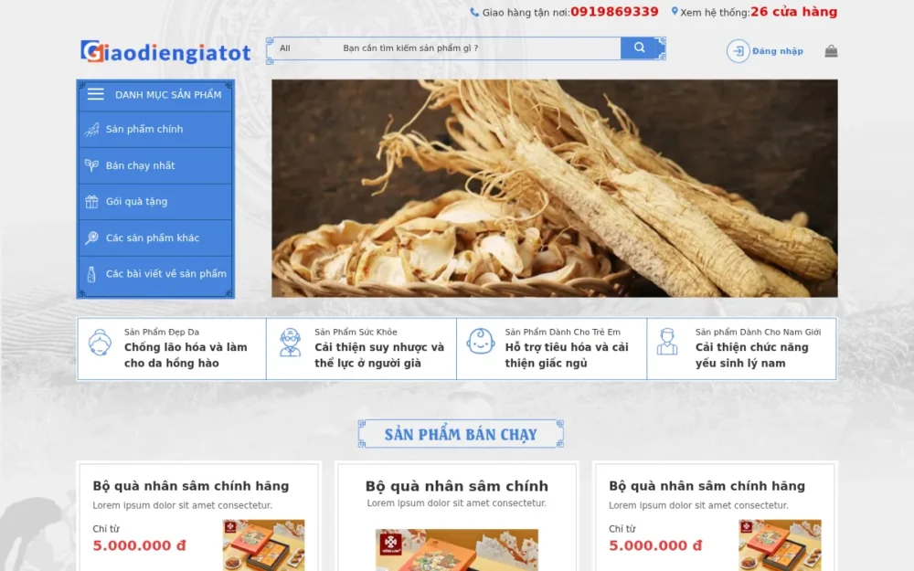 Mẫu Website Cửa Hàng Sâm, Gói Quà Sức Khỏe – SAMVIET