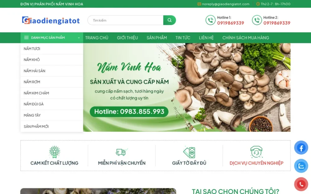 Mẫu Website Sản Xuất, Phân Phối Nấm Tươi Và Nấm Khô – NAMVINHHOA