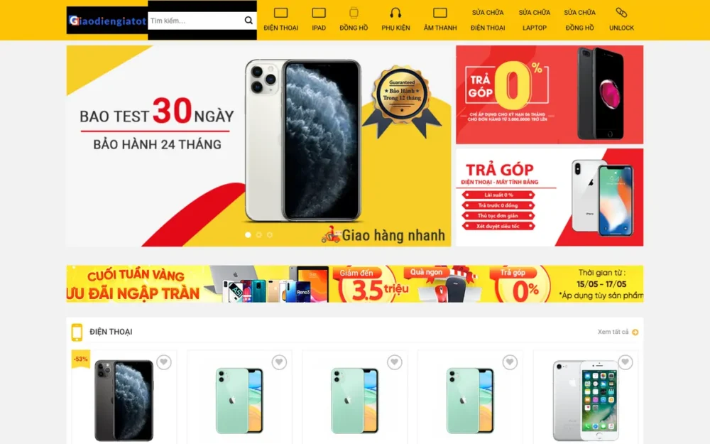 Mẫu Website Shop Điện Thoại Cũ & Sửa Chữa Tông Vàng – THEGIOIDIDONG
