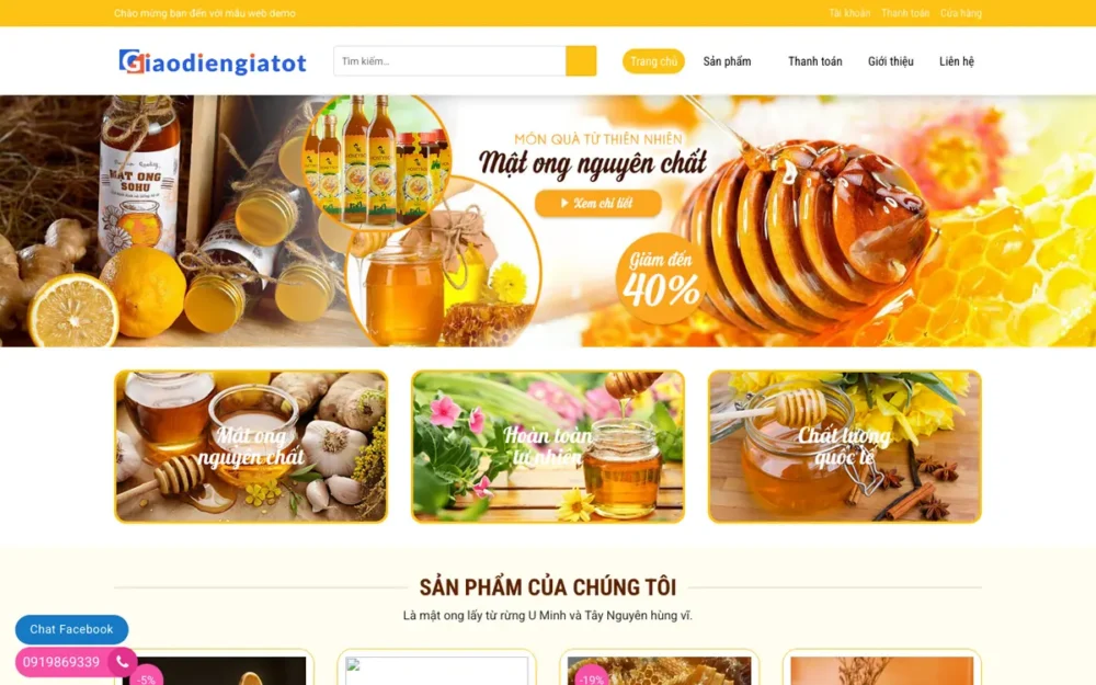 Mẫu Website Shop Mật Ong Nguyên Chất Tông Vàng – MATONG