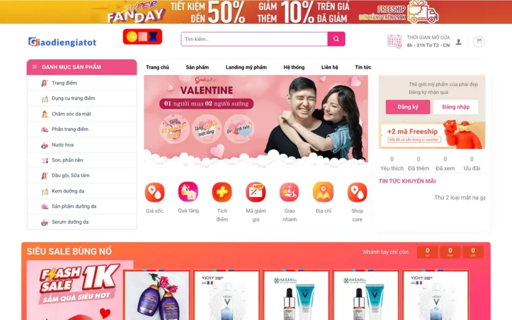 Mẫu Website Siêu Thị Mỹ Phẩm Flash Sale Tông Hồng – MYPHAM19