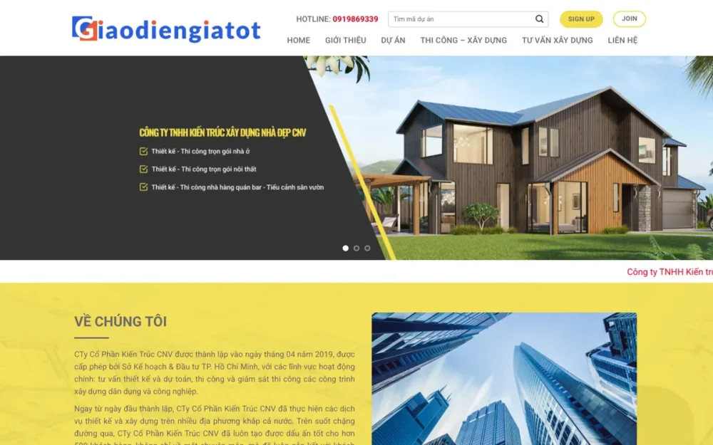 Mẫu Website Thiết Kế & Thi Công Nhà Ở Tông Vàng – NOITHAT1