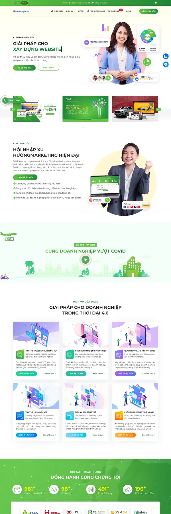 Màn hình đầu mẫu website agency thiết kế web và thương hiệu với slider thông điệp