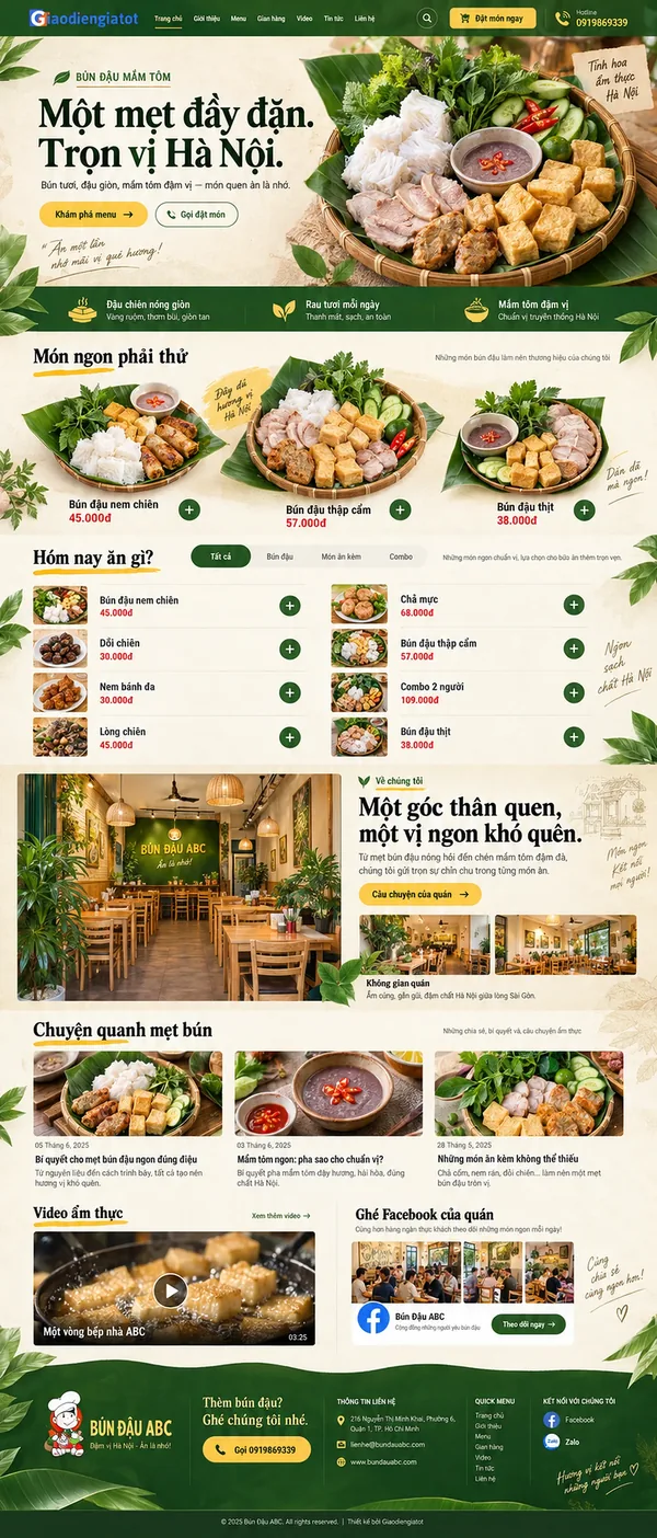 Giao Diện Độc Bản Website Quán bún đậu, menu món Việt – AI-DL05