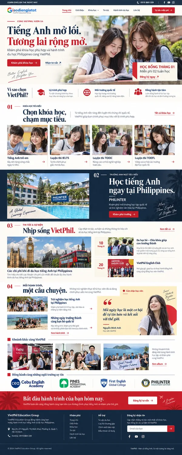 Giao Diện Độc Bản Website Trung tâm tiếng Anh, du học Philippines – AI-GD07