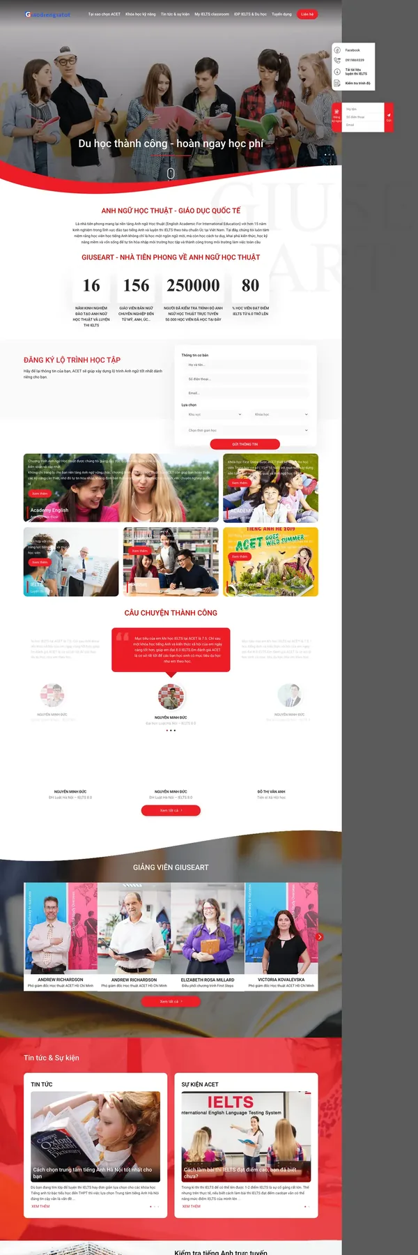 Màn hình đầu mẫu website trung tâm anh ngữ học thuật với banner chương trình
