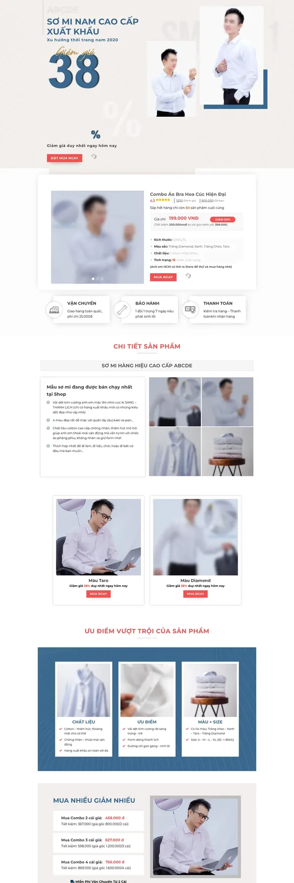 Màn hình đầu landing page áo sơ mi nam với giá ưu đãi và nút đặt mua