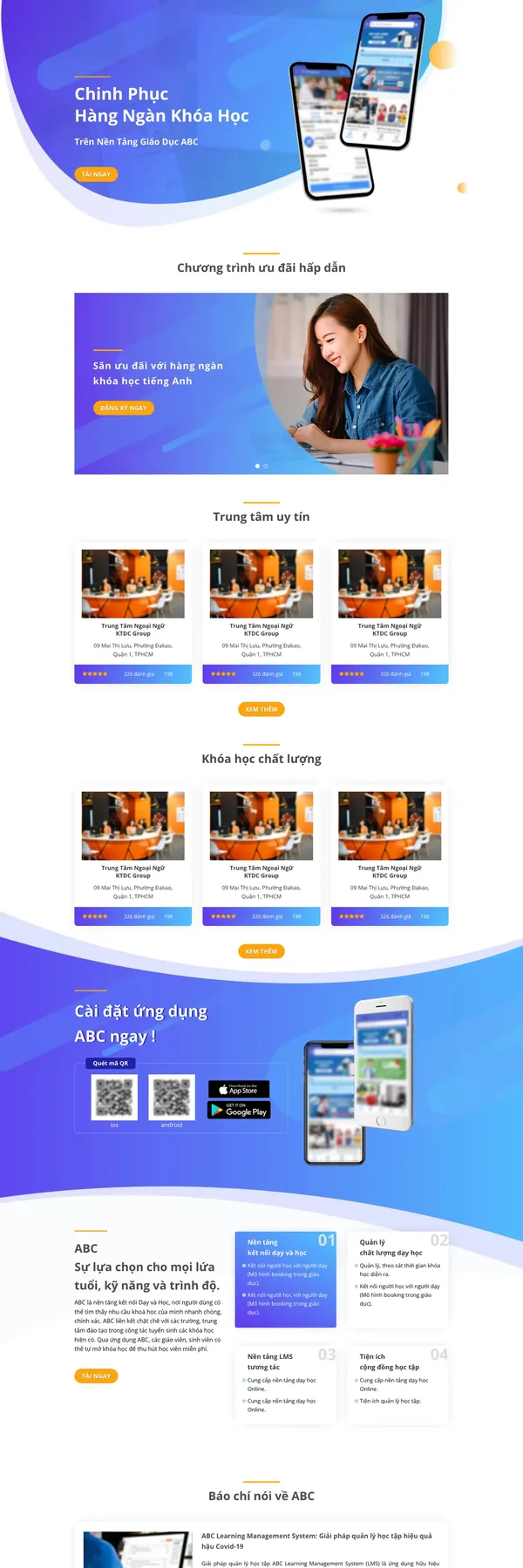 Màn hình đầu landing page ứng dụng giáo dục với banner khóa học