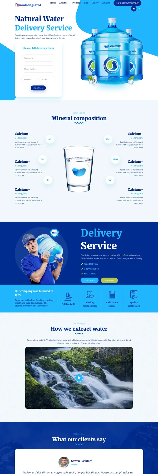 Màn hình đầu mẫu website giao nước uống với banner và form đặt giao