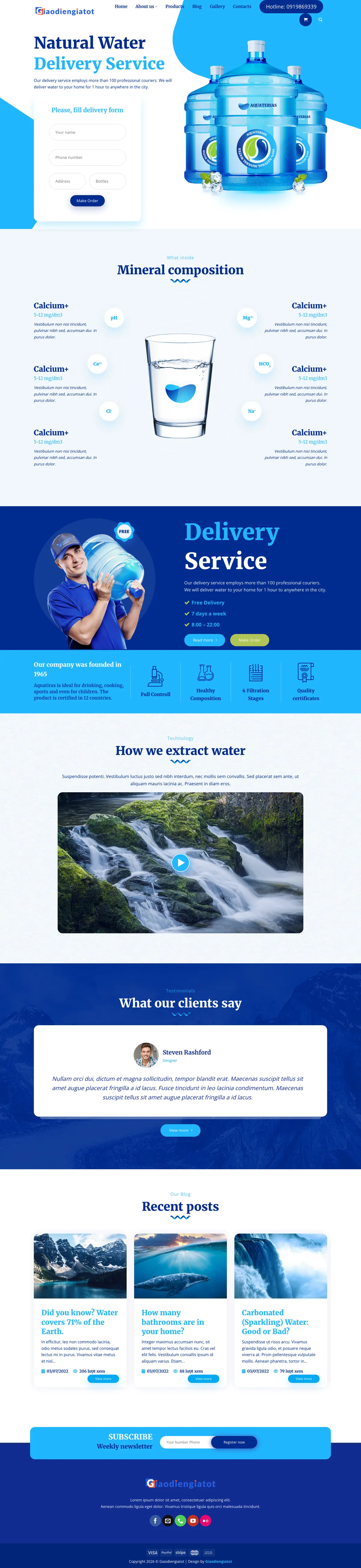 Màn hình đầu mẫu website giao nước uống với banner và form đặt giao