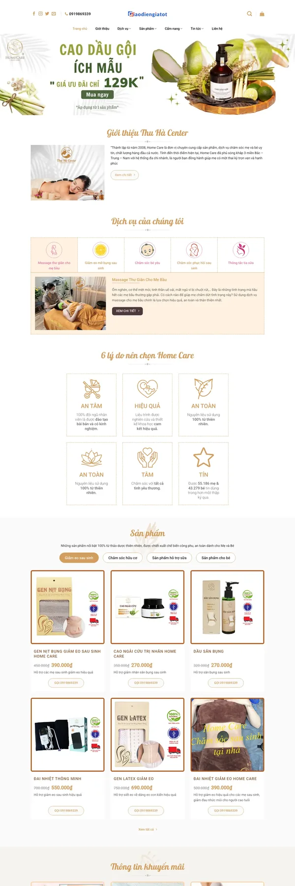 Màn hình đầu mẫu website dịch vụ chăm sóc mẹ và bé tại nhà