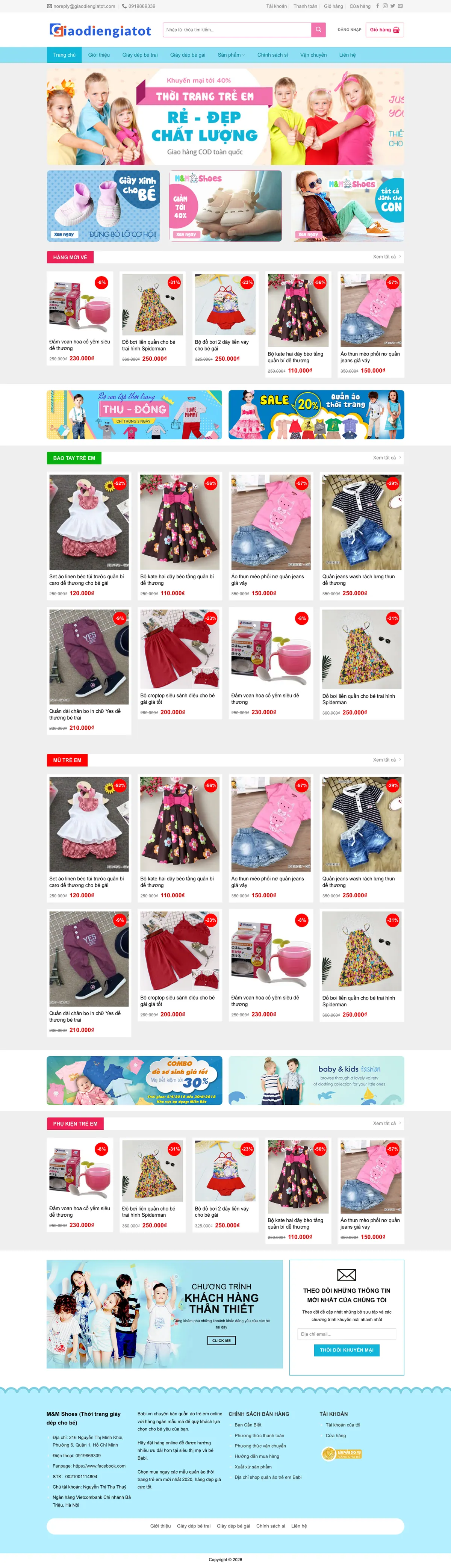Màn hình đầu mẫu website shop giày dép và phụ kiện trẻ em