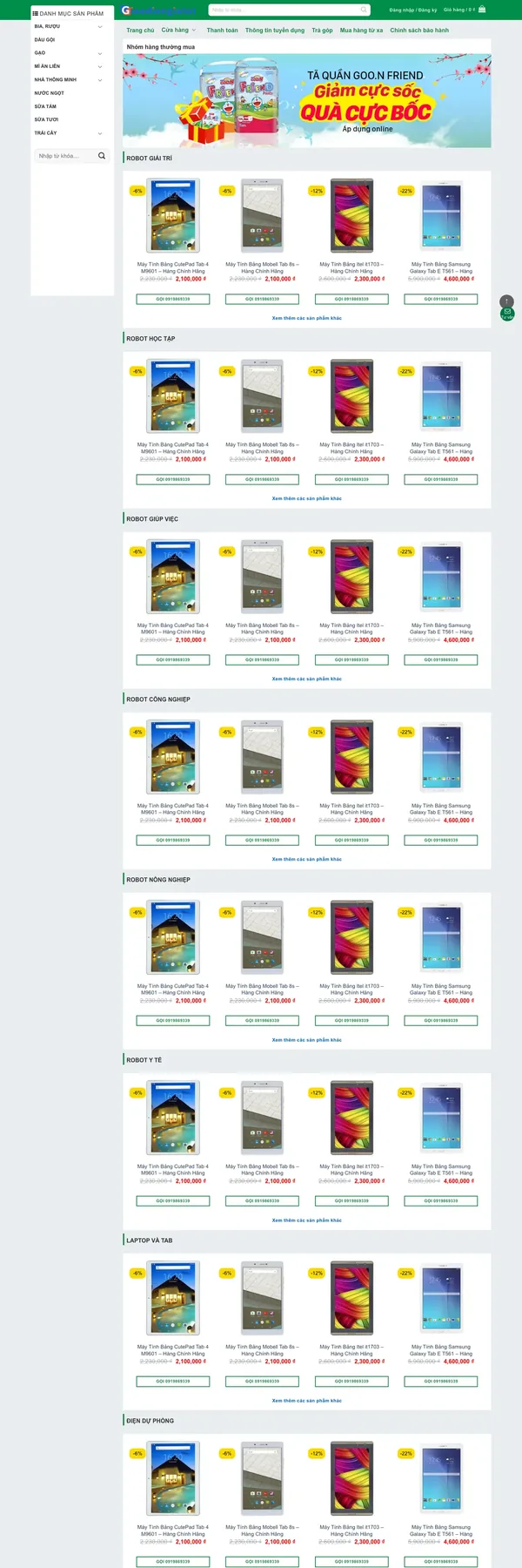 Màn hình đầu mẫu website bách hóa online kiêm cửa hàng đồ công nghệ