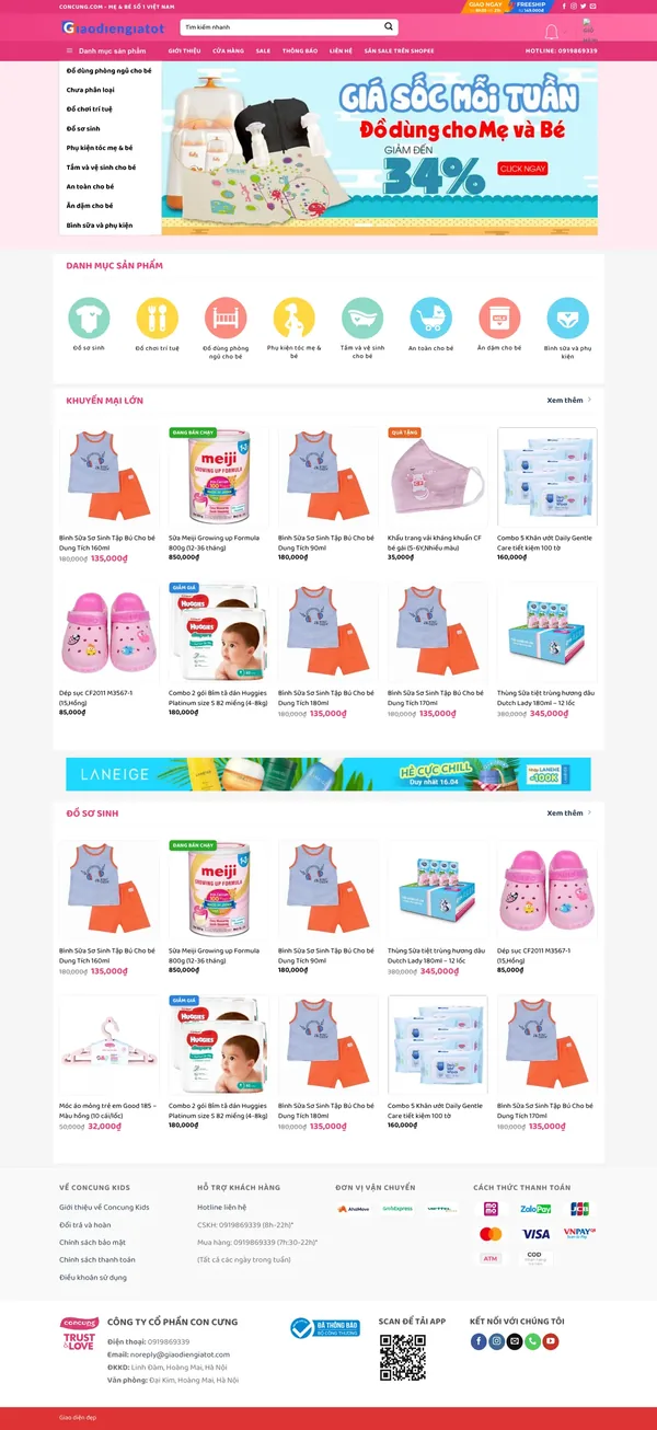 Màn hình đầu mẫu website mẹ và bé với thanh mã giảm giá và danh mục