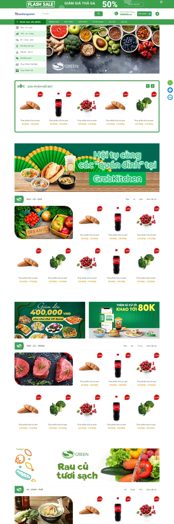 Màn hình đầu mẫu website bách hóa thực phẩm tươi sống tông xanh