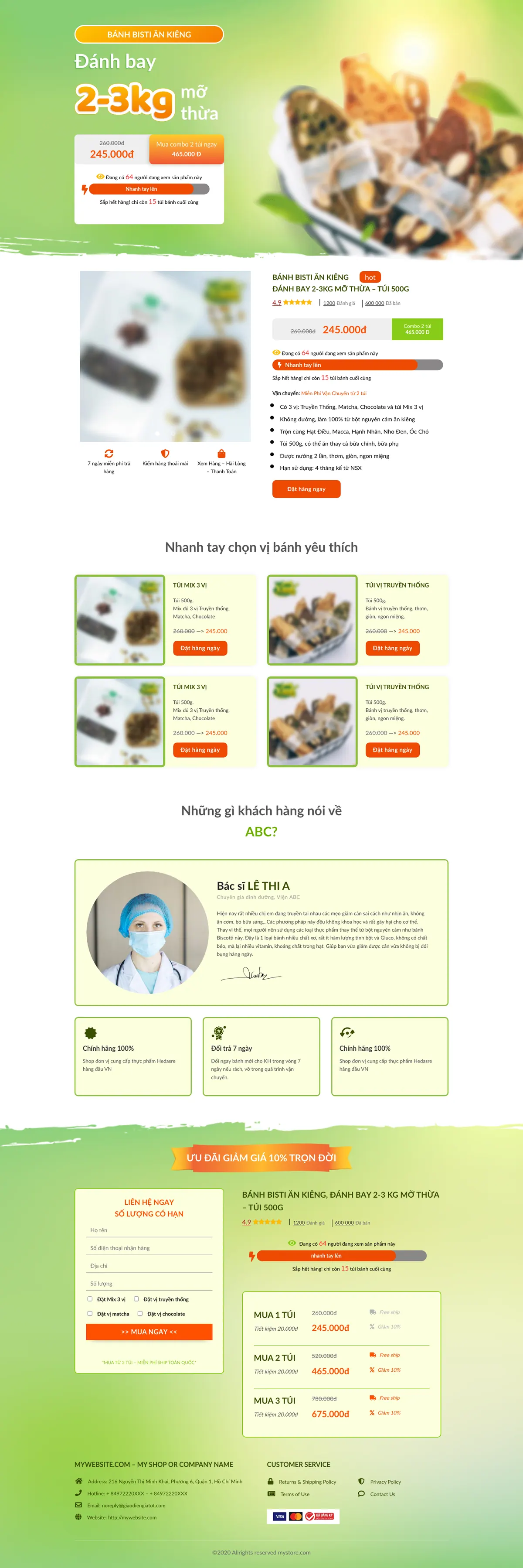 Màn hình đầu landing page bánh ăn kiêng với giá và nút đặt hàng