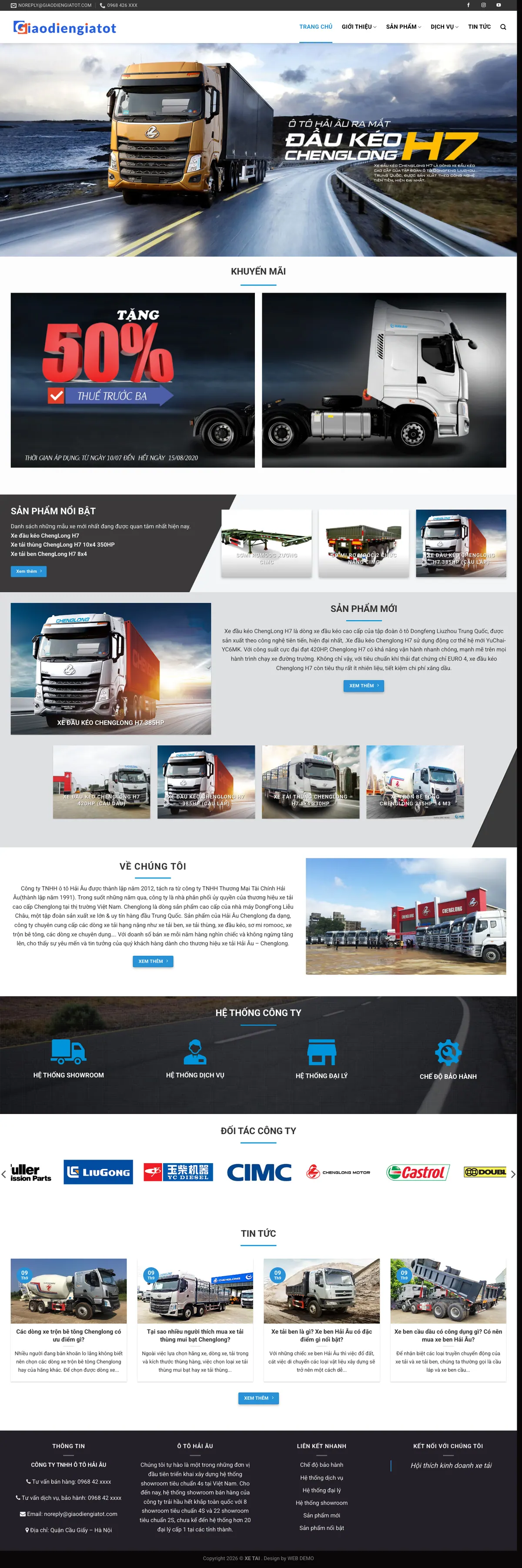 Màn hình đầu mẫu website đại lý xe tải với banner xe đầu kéo
