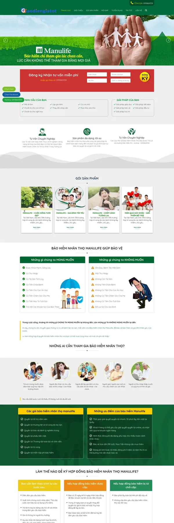 Màn hình đầu mẫu website tư vấn bảo hiểm nhân thọ có form đăng ký nhận tư vấn
