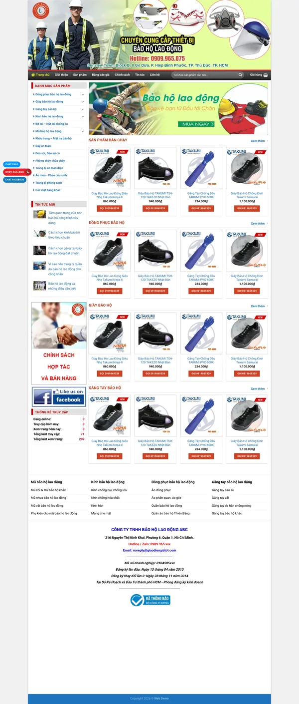 Màn hình đầu mẫu website bảo hộ lao động với banner và cột danh mục sản phẩm