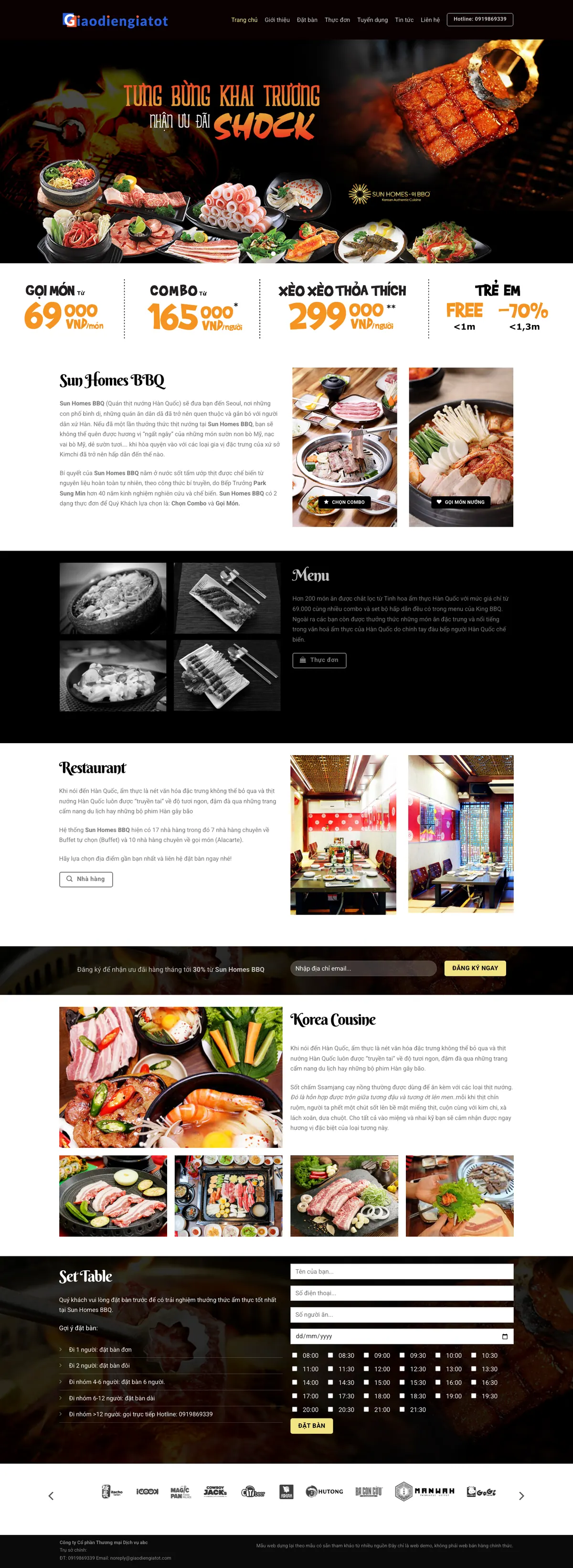 Màn hình đầu mẫu website nhà hàng thịt nướng Hàn Quốc với banner món nướng
