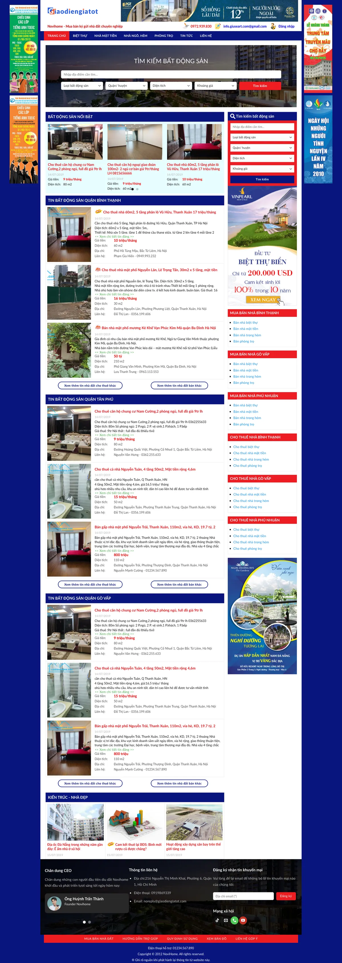 Màn hình đầu mẫu website rao vặt nhà đất với bộ tìm kiếm và banner quảng cáo hai bên