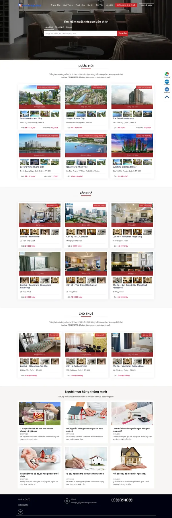 Màn hình đầu mẫu website môi giới nhà đất với ô tìm kiếm mua nhà, thuê nhà, dự án