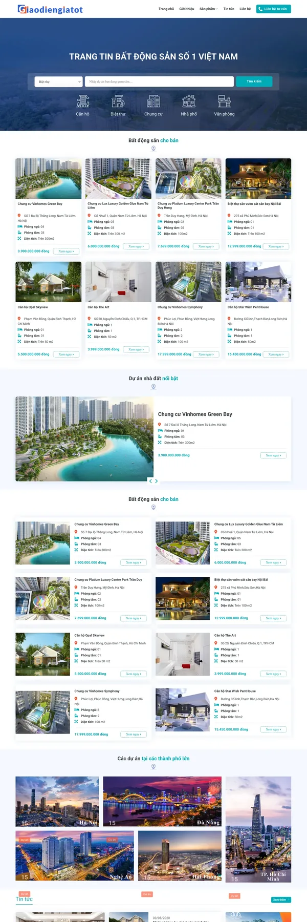 Màn hình đầu mẫu website sàn bất động sản với ô tìm kiếm và 5 icon loại hình