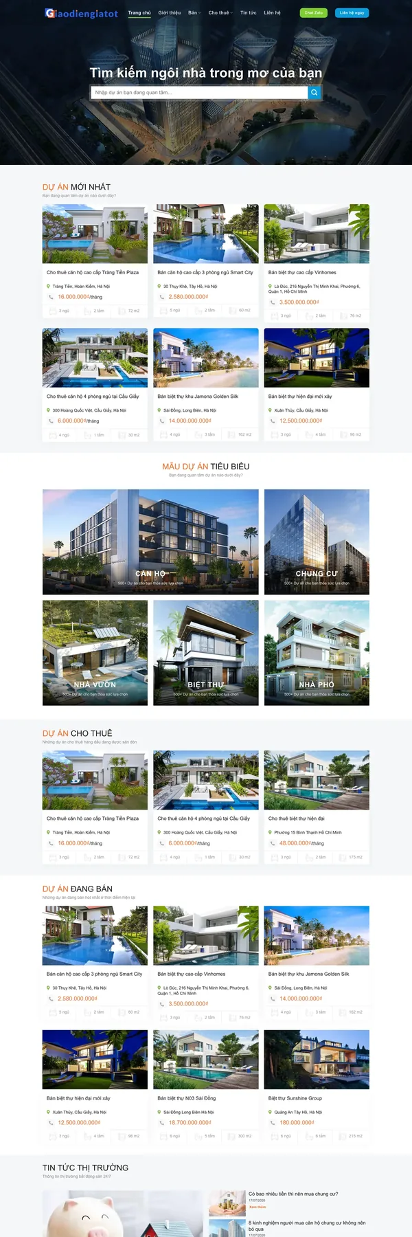 Màn hình đầu mẫu website bán, cho thuê biệt thự căn hộ với ô tìm kiếm nền tối