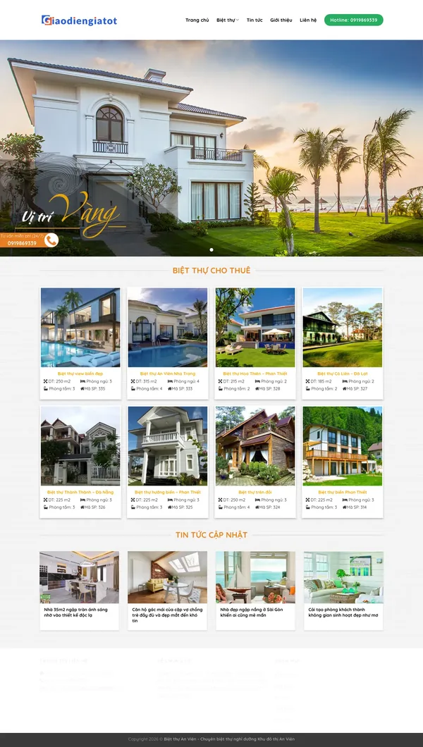 Màn hình đầu mẫu website cho thuê biệt thự nghỉ dưỡng với slider ảnh villa
