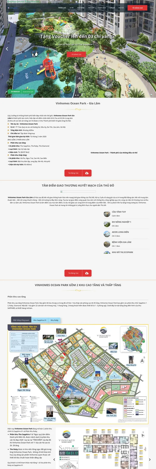 Màn hình đầu mẫu website dự án shophouse với slider ưu đãi và nút tải bảng giá