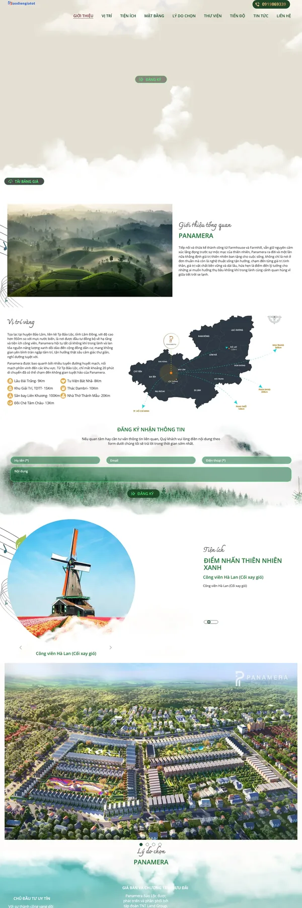 Màn hình đầu mẫu website dự án biệt thự sinh thái với nền núi rừng sương mờ