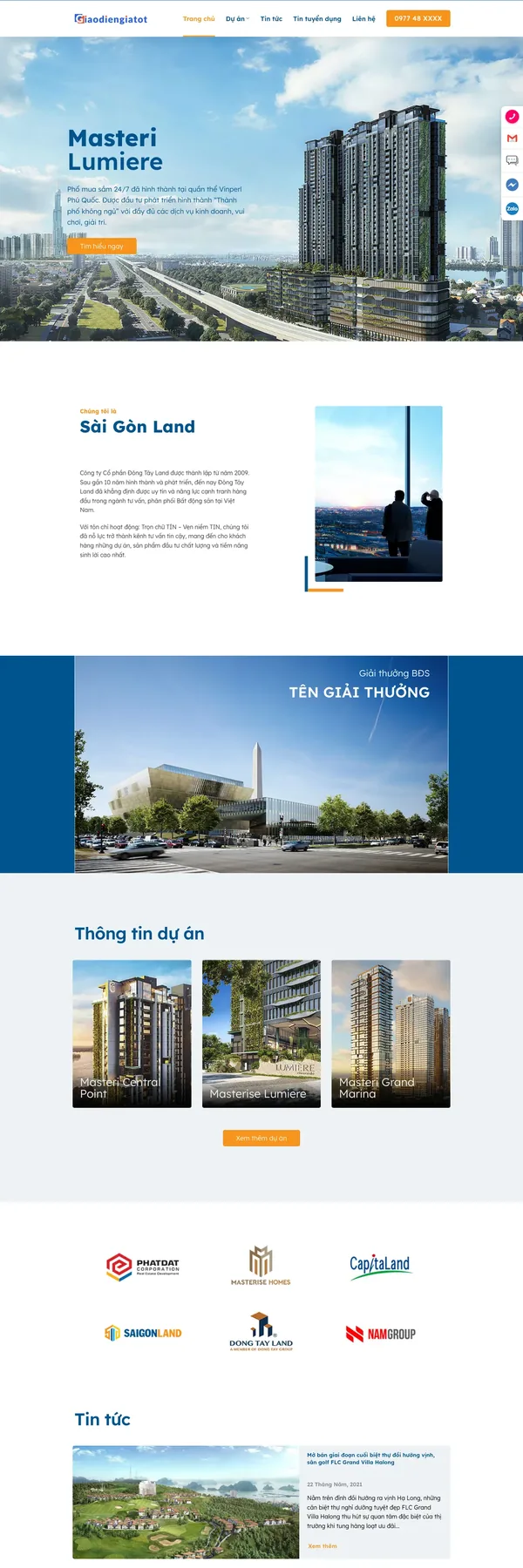 Màn hình đầu mẫu website tư vấn bất động sản tối giản với hero dự án tiêu điểm