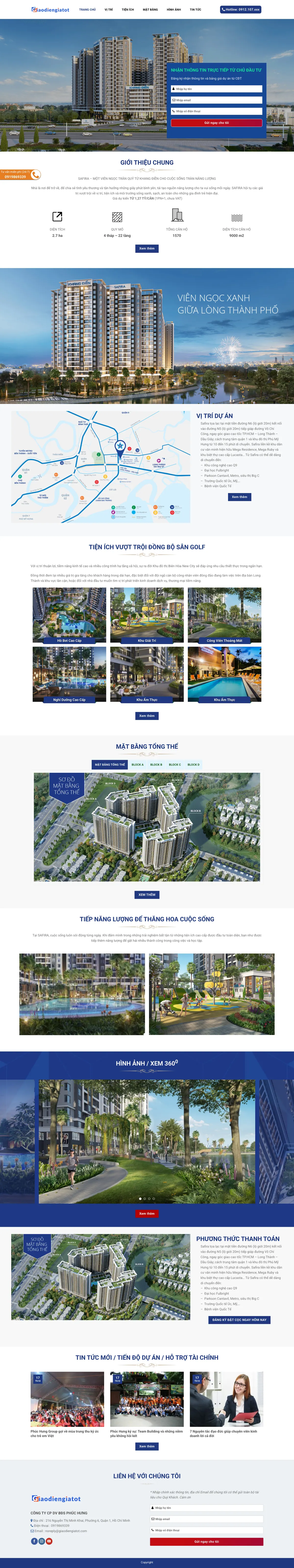 Màn hình đầu mẫu website landing dự án căn hộ với form nhận thông tin trên banner