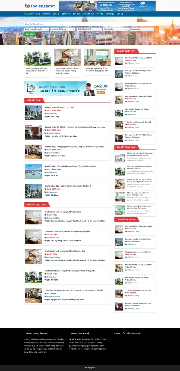 Màn hình đầu mẫu website sàn nhà đất với menu bán, cho thuê, condotel, đất nền