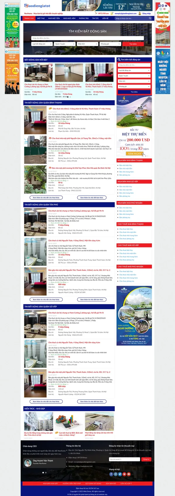 Màn hình đầu mẫu website rao vặt bất động sản với thanh tìm kiếm và menu nhà phố