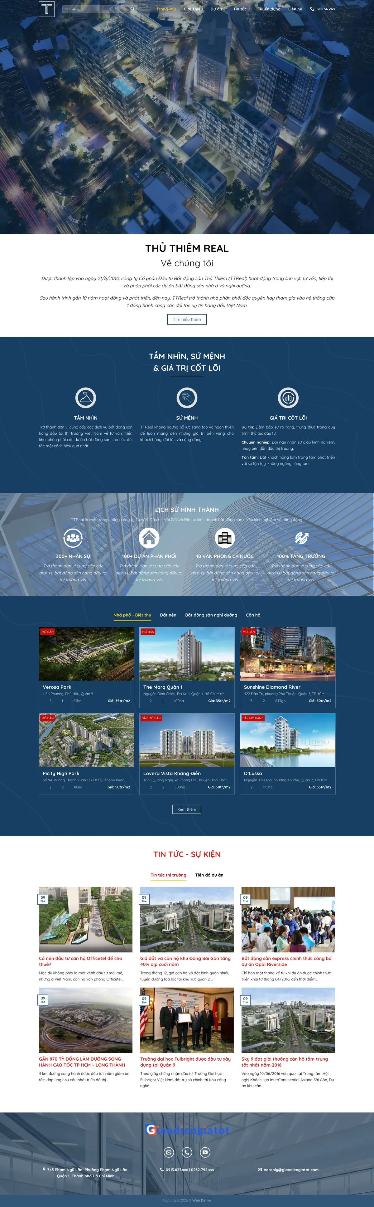 Màn hình đầu mẫu website công ty phân phối bất động sản với banner thương hiệu