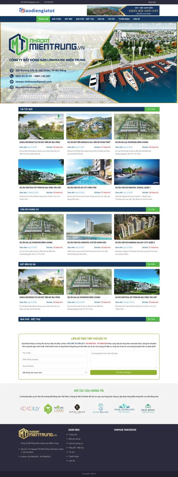 Màn hình đầu mẫu website tin dự án nhà đất với menu đất nền, căn hộ, nhà phố